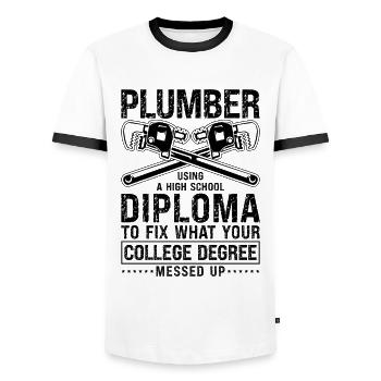 Using A High Tool Plumber Plumbing Pipe Plumbers - Men's Ringer Shirt - white/black - Front - AI Model Female 172 light (172cm) & AI Model Male 178 dark (178cm)