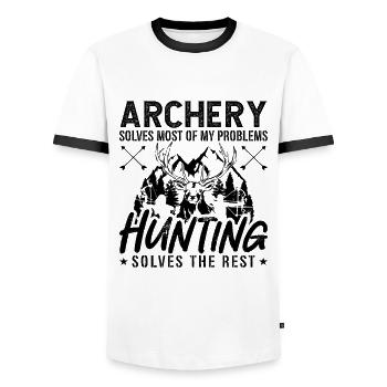 Archery Solves Most Of Bowhunting Target Bowhunter - Men's Ringer Shirt - white/black - Front - AI Model Female 172 light (172cm) & AI Model Male 178 dark (178cm)