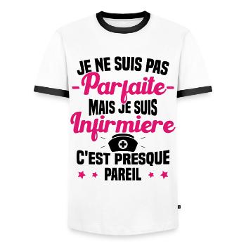Pas parfaite mais je suis Infirmière Cadeau - T-shirt contrasté Homme - blanc/noir - Devant - AI Model Female 172 light (172cm) & AI Model Male 178 dark (178cm)