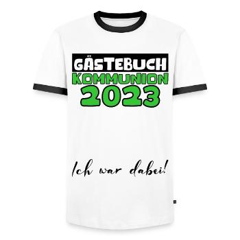 2023 Kommunion Gästebuch Mädchen Jungen Geschenk - Männer Kontrast-T-Shirt - Weiß/Schwarz - Vorne - AI Model Female 172 light (172cm) & AI Model Male 178 dark (178cm)