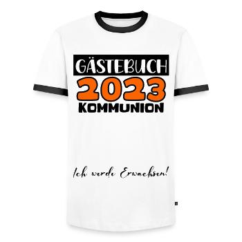 2023 Kommunion Gästebuch Mädchen Jungen Geschenk - Männer Kontrast-T-Shirt - Weiß/Schwarz - Vorne - AI Model Female 172 light (172cm) & AI Model Male 178 dark (178cm)