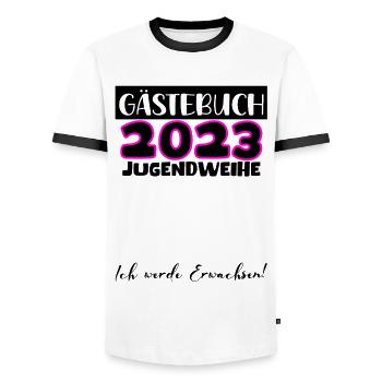 Jugendweihe 2023 Gästebuch Mädchen Jungen Fun Deko - Männer Kontrast-T-Shirt - Weiß/Schwarz - Vorne - AI Model Female 172 light (172cm) & AI Model Male 178 dark (178cm)