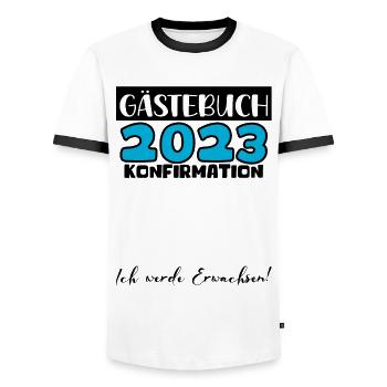 Konfirmation 2023 Gästebuch Mädchen Jungen Jugend - Männer Kontrast-T-Shirt - Weiß/Schwarz - Vorne - AI Model Female 172 light (172cm) & AI Model Male 178 dark (178cm)