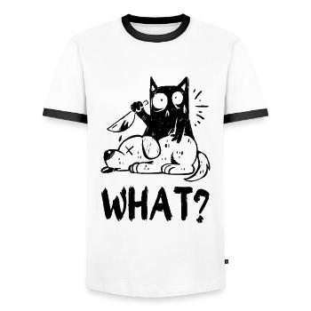 What? Murderous black cat with knife - Men's Ringer Shirt - white/black - Front - AI Model Female 172 light (172cm) & AI Model Male 178 dark (178cm)