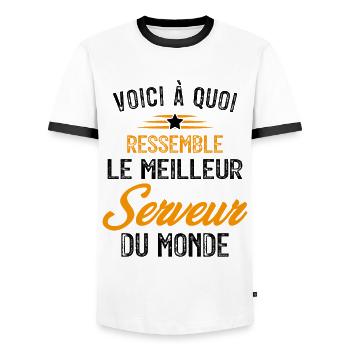 Voici à quoi ressemble le meilleur Serveur - T-shirt contrasté Homme - blanc/noir - Devant - AI Model Female 172 light (172cm) & AI Model Male 178 dark (178cm)