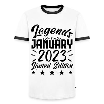 Naissance En Janvier 2023. Cadeau d'anniversaire. - T-shirt contrasté Homme - blanc/noir - Devant - AI Model Female 172 light (172cm) & AI Model Male 178 dark (178cm)