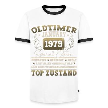 Born 1979 January 44th birthday Gift man - Men's Ringer Shirt - white/black - Front - AI Model Female 172 light (172cm) & AI Model Male 178 dark (178cm)