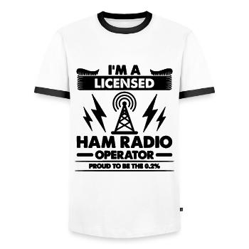 I'm A Licensed Ham Radio Tower Ham Radio Operator - Men's Ringer Shirt - white/black - Front - AI Model Female 172 light (172cm) & AI Model Male 178 dark (178cm)
