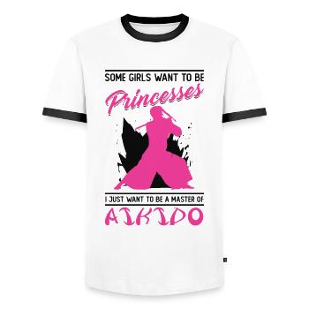 Aikido Filles Japon Taekwondo Karaté Arts Martiaux - T-shirt contrasté Homme - blanc/noir - Devant - AI Model Female 172 light (172cm) & AI Model Male 178 dark (178cm)