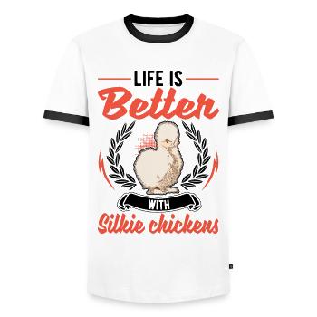 La vie est meilleure avec un poulet en soie - T-shirt contrasté Homme - blanc/noir - Devant - AI Model Female 172 light (172cm) & AI Model Male 178 dark (178cm)