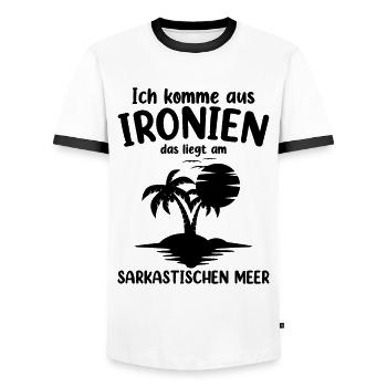 Ich Komme Aus Ironien - Männer Kontrast-T-Shirt - Weiß/Schwarz - Vorne - AI Model Female 172 light (172cm) & AI Model Male 178 dark (178cm)