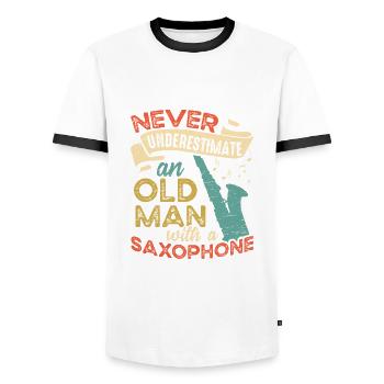 Old man with a saxophone jazz musician - Men's Ringer Shirt - white/black - Front - AI Model Female 172 light (172cm) & AI Model Male 178 dark (178cm)