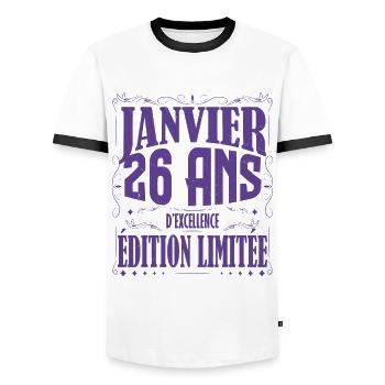 Janvier 26 ans. Cadeau 26 ans janvier anniversaire - T-shirt contrasté Homme - blanc/noir - Devant - AI Model Female 172 light (172cm) & AI Model Male 178 dark (178cm)
