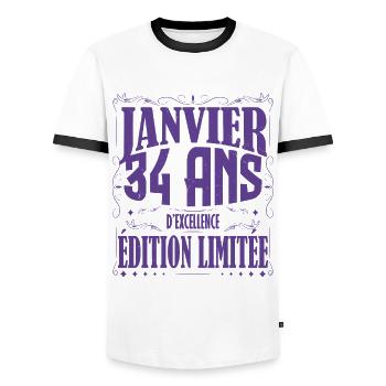 Janvier 34 ans. Cadeau 34 ans janvier anniversaire - T-shirt contrasté Homme - blanc/noir - Devant - AI Model Female 172 light (172cm) & AI Model Male 178 dark (178cm)