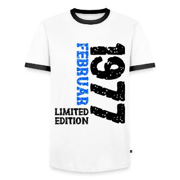 1977 Februar Limited Edition Geburtstag Mann Frau - Männer Kontrast-T-Shirt - Weiß/Schwarz - Vorne - AI Model Female 172 light (172cm) & AI Model Male 178 dark (178cm)