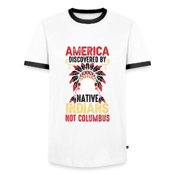 L’Amérique découverte par les Indiens en 1942 Anti - T-shirt contrasté Homme - blanc/noir - Devant - AI Model Female 172 light (172cm) & AI Model Male 178 dark (178cm)