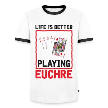 La vie mieux jouer Euchre - Carte de joueur Euchre - T-shirt contrasté Homme - blanc/noir - Devant - AI Model Female 172 light (172cm) & AI Model Male 178 dark (178cm)