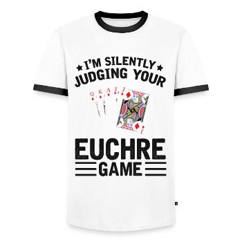 Beurteilen Sie Ihr Euchre-spiel - - Männer Kontrast-T-Shirt - Weiß/Schwarz - Vorne - AI Model Female 172 light (172cm) & AI Model Male 178 dark (178cm)