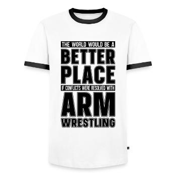 The World Would Arm Wrestling Wrestle Wrestler - Men's Ringer Shirt - white/black - Front - AI Model Female 172 light (172cm) & AI Model Male 178 dark (178cm)
