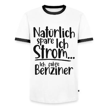 Natürlich spare ich Strom Ich fahre Benziner - Männer Kontrast-T-Shirt - Weiß/Schwarz - Vorne - AI Model Female 172 light (172cm) & AI Model Male 178 dark (178cm)