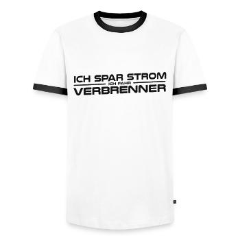 Natürlich spare ich Strom Ich fahre Verbrenner - Männer Kontrast-T-Shirt - Weiß/Schwarz - Vorne - AI Model Female 172 light (172cm) & AI Model Male 178 dark (178cm)