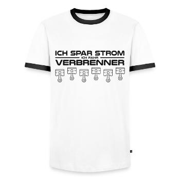 Natürlich spare ich Strom Ich fahre Verbrenner - Männer Kontrast-T-Shirt - Weiß/Schwarz - Vorne - AI Model Female 172 light (172cm) & AI Model Male 178 dark (178cm)