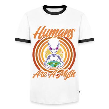 Les humains sont un mythe extraterrestre cadeau - T-shirt contrasté Homme - blanc/noir - Devant - AI Model Female 172 light (172cm) & AI Model Male 178 dark (178cm)