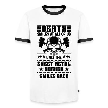 La mort sourit à tous les fabricants de tôlerie - T-shirt contrasté Homme - blanc/noir - Devant - AI Model Female 172 light (172cm) & AI Model Male 178 dark (178cm)