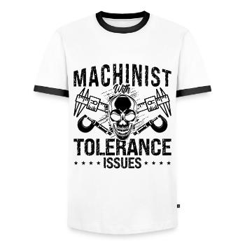 Machiniste avec des problèmes de tolérance Opérateur de tour - T-shirt contrasté Homme - blanc/noir - Devant - AI Model Female 172 light (172cm) & AI Model Male 178 dark (178cm)