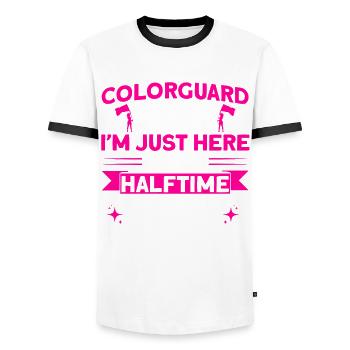 Colorguard Mom here for the halftime show Fahnenwac - Men's Ringer Shirt - white/black - Front - AI Model Female 172 light (172cm) & AI Model Male 178 dark (178cm)