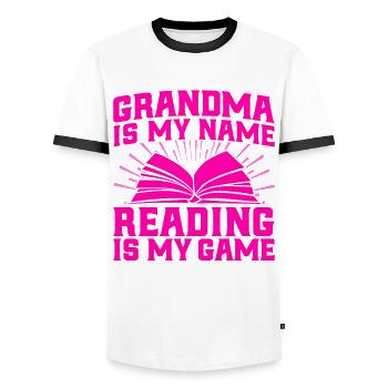 Grandma is my name Reading is my game Reading a book - Men's Ringer Shirt - white/black - Front - AI Model Female 172 light (172cm) & AI Model Male 178 dark (178cm)