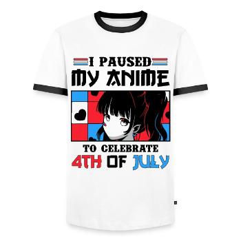 I paused my anime to celebrate 4th of july - Männer Kontrast-T-Shirt - Weiß/Schwarz - Vorne - AI Model Female 172 light (172cm) & AI Model Male 178 dark (178cm)