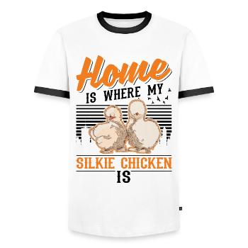 La maison est l’endroit où se trouve mon poulet en soie - T-shirt contrasté Homme - blanc/noir - Devant - AI Model Female 172 light (172cm) & AI Model Male 178 dark (178cm)