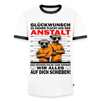 Glückwunsch zur Flucht aus der Anstalt Jobwechsel - Männer Kontrast-T-Shirt - Weiß/Schwarz - Vorne - AI Model Female 172 light (172cm) & AI Model Male 178 dark (178cm)