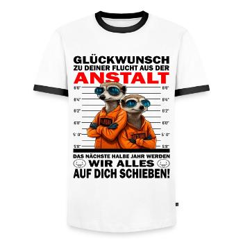 Glückwunsch zur Flucht aus der Anstalt Jobwechsel - Männer Kontrast-T-Shirt - Weiß/Schwarz - Vorne - AI Model Female 172 light (172cm) & AI Model Male 178 dark (178cm)