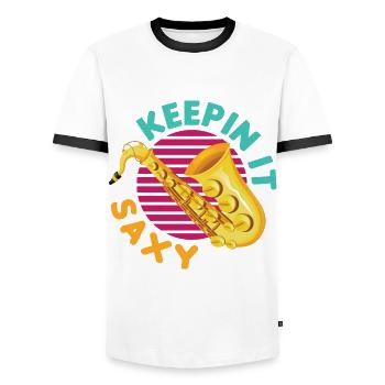 Keepin' It Saxy Funny For Saxophone Player - Männer Kontrast-T-Shirt - Weiß/Schwarz - Vorne - AI Model Female 172 light (172cm) & AI Model Male 178 dark (178cm)