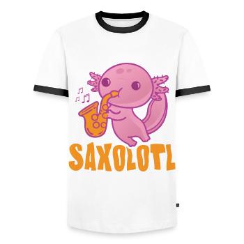 Saxolotl Funny Saxophone Player For Jazz Musician - Men's Ringer Shirt - white/black - Front - AI Model Female 172 light (172cm) & AI Model Male 178 dark (178cm)