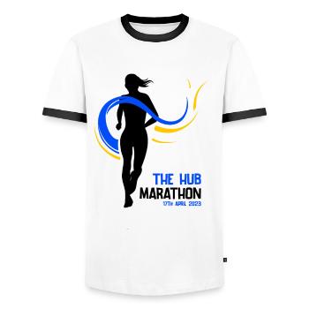 Marathon 17. April 2023 im Hub of the Universe - Männer Kontrast-T-Shirt - Weiß/Schwarz - Vorne - AI Model Female 172 light (172cm) & AI Model Male 178 dark (178cm)