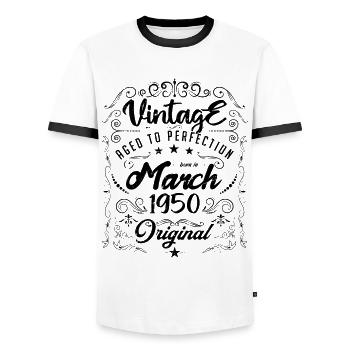 Vintage born in March 1950. Birthday March. - Men's Ringer Shirt - white/black - Front - AI Model Female 172 light (172cm) & AI Model Male 178 dark (178cm)