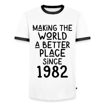 Making the World a better place since 1982 - Männer Kontrast-T-Shirt - Weiß/Schwarz - Vorne - AI Model Female 172 light (172cm) & AI Model Male 178 dark (178cm)