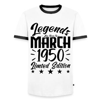 Born in March 1950. March Birthday Gift - Men's Ringer Shirt - white/black - Front - AI Model Female 172 light (172cm) & AI Model Male 178 dark (178cm)