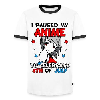 I paused my anime to celebrate 4th of july - Männer Kontrast-T-Shirt - Weiß/Schwarz - Vorne - AI Model Female 172 light (172cm) & AI Model Male 178 dark (178cm)