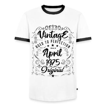 Vintage Né(e) en Avril 1975. anniversaire avril. - T-shirt contrasté Homme - blanc/noir - Devant - AI Model Female 172 light (172cm) & AI Model Male 178 dark (178cm)