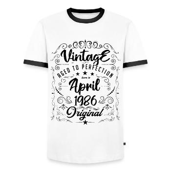 Jahrgang geboren im April 1986. Geburtstag April. - Männer Kontrast-T-Shirt - Weiß/Schwarz - Vorne - AI Model Female 172 light (172cm) & AI Model Male 178 dark (178cm)