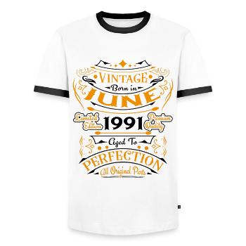 June 1992 Vintage Born in June 1992 Anniversary - Men's Ringer Shirt - white/black - Front - AI Model Female 172 light (172cm) & AI Model Male 178 dark (178cm)