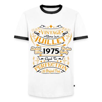July 1975 Humor Birthday Gift - Men's Ringer Shirt - white/black - Front - AI Model Female 172 light (172cm) & AI Model Male 178 dark (178cm)