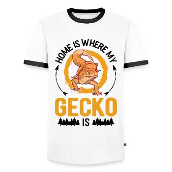 La maison est l’endroit où se trouve mon gecko - T-shirt contrasté Homme - blanc/noir - Devant - AI Model Female 172 light (172cm) & AI Model Male 178 dark (178cm)