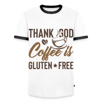 Funny Thank God Coffee Is Gluten Free - Men's Ringer Shirt - white/black - Front - AI Model Female 172 light (172cm) & AI Model Male 178 dark (178cm)