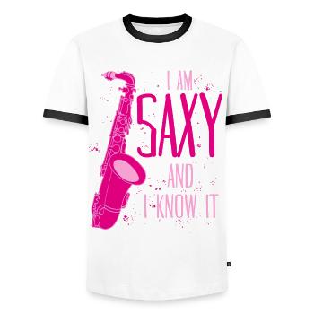 Saxophone Joke Saxy Jazz Saxophone - Men's Ringer Shirt - white/black - Front - AI Model Female 172 light (172cm) & AI Model Male 178 dark (178cm)