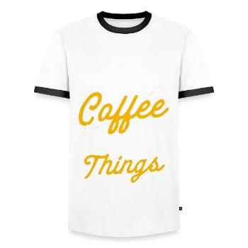 First I drink coffee then I fix things Kl - Men's Ringer Shirt - white/black - Front - AI Model Female 172 light (172cm) & AI Model Male 178 dark (178cm)